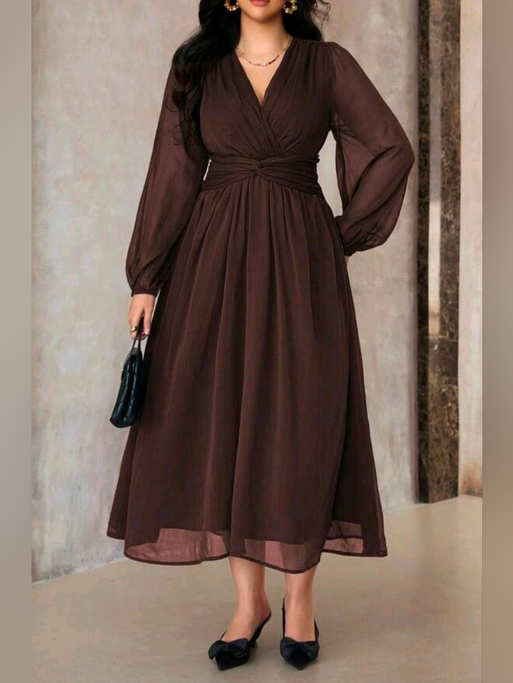 New Flowy Chiffon Twist Waist Wrap Top Midi Dress PLUS Dark Brown